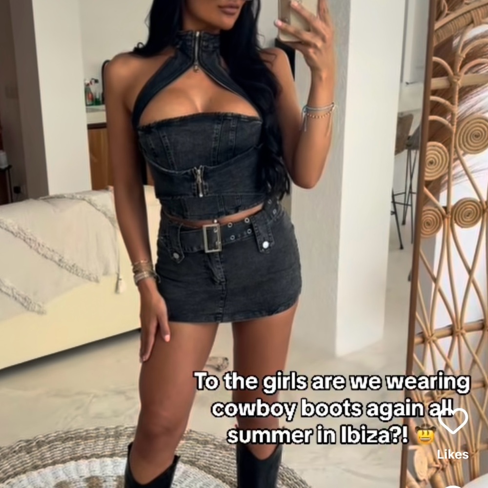 Edge Zipper Cutout Halter Denim Top & Belted Mini Skirt - Matching Set